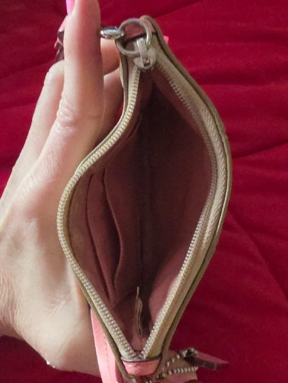 Coach Beige Signature Canvas Wristlet with Pink Stripe